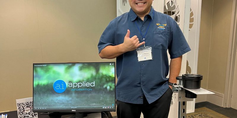 Keoni Wasano displayed flood level monitoring technologies at the Partnerships for Climate Technology (PaCT) Conference