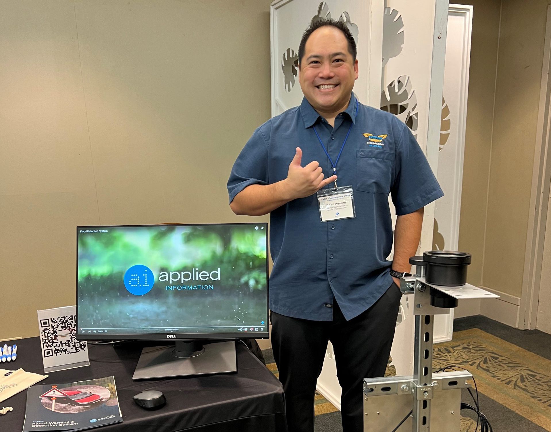 Keoni Wasano displayed flood level monitoring technologies at the Partnerships for Climate Technology (PaCT) Conference